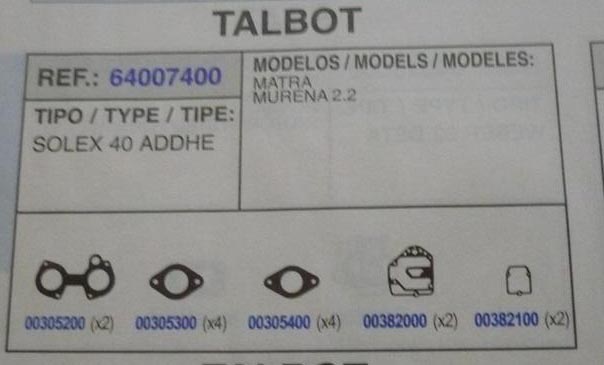 7400 KIT JUNTAS CARBURADOR SOLEX 40 ADDHE