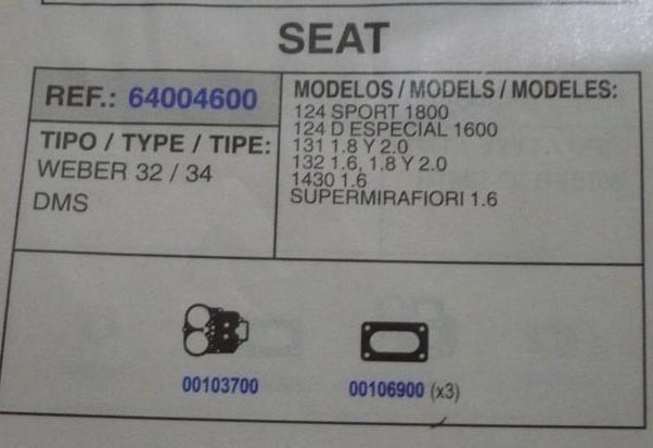 4600 KIT JUNTAS CARBURADOR WEBER 32-34 DMS