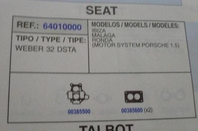 10000 KIT JUNTAS CARBURADOR WEBER 32 DSTA