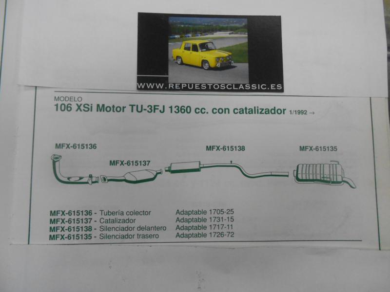 615138 P4 SILENCIOSO INTERMEDIO PEUGEOT 106 XSI 1.4/1.6 91-> CON CATALIZADOR