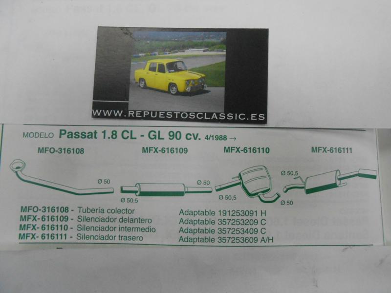 616109 P5 SILENCIOSO INTERMEDIO DELANTERO VOLKSWAGEN PASSAT 1.8 (B3/B4) 88-> REF. ORIGEN 357253209C