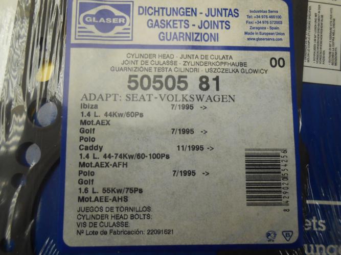 JM80 JUNTA CULATA CON JUEGO GOMA TAPA SEAT, VOLKSWAGEN, SKODA 1.4/1.6 93->04 REF. D332705