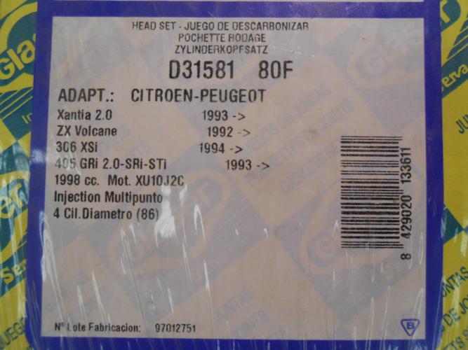 JM129 JUEGO JUNTA CULATA CITROEN XANTIA, ZX, PEUGEOT 306, 405, 605 2.0 REF. D31581