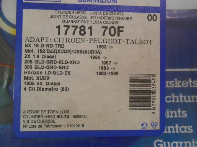 JM133 JUNTA CULATA CITROEN BX, PEUGEOT 205, 309, 405, TALBOT HORIZON 1.9D REF. 17781 (1,7m.)