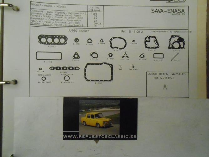 JM155 JUEGO JUNTAS MOTOR COMPLETO SAVA PEGASO J4 1.5 2ªSERIE (MOTOR 1489cc. PISTON 73mm.)