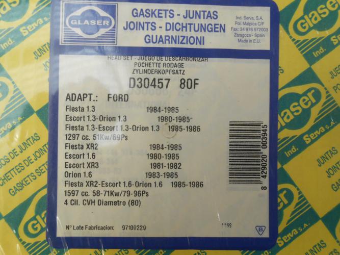 JM179 JUEGO JUNTAS CULATA FORD ORION, ESCORT XR3, FIESTA XR2 1.3/1.6 80->94 PISTON 80mm.