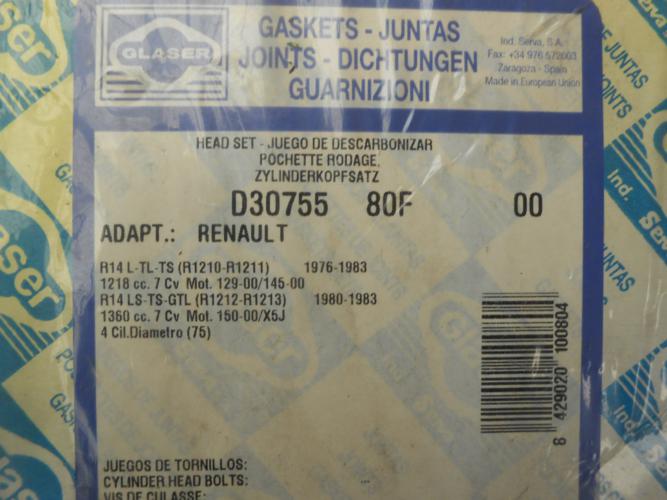 JM219 JUEGO JUNTAS CULATA RENAULT 14 GTL 1218cc/1360cc PISTON 75mm. REF. D30755