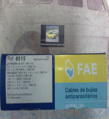CB157P1 JUEGO CABLES DE BUJIAS FAE 85150 CITROEN AX GTI, ZX, PEUGEOT 106 XSI, 205, 405, 306 MOTOR 1.4 TU