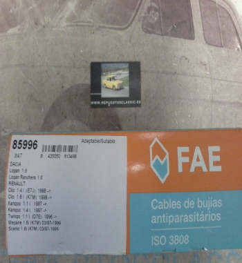 CB172P1 JUEGO CABLES DE BUJIAS FAE 85996 RENAULT CLIO, KANGOO, TWINGO, MEGANE, DACIA LOGAN 1.1i (D7E) 1.4i (E7J) 1.6i (K7M) 96->