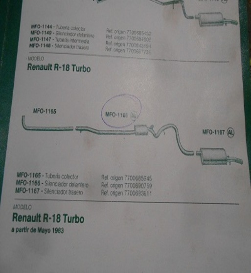 1166 P9 SILENCIOSO INTERMEDIO FONOS RENAULT 18 TURBO REF. 7700690759