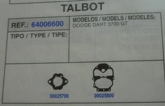 6600 KIT JUNTAS CARBURADOR "DODGE DART"