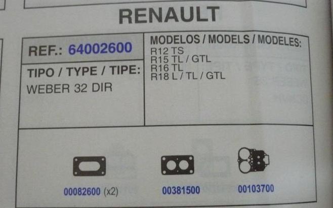 2600 KIT JUNTAS CARBURADOR WEBER 32 DIR